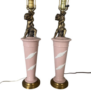 Pink Porcelain Ceramic Cherub Lamp Pair / Hollywood Regency Pink Ceramic