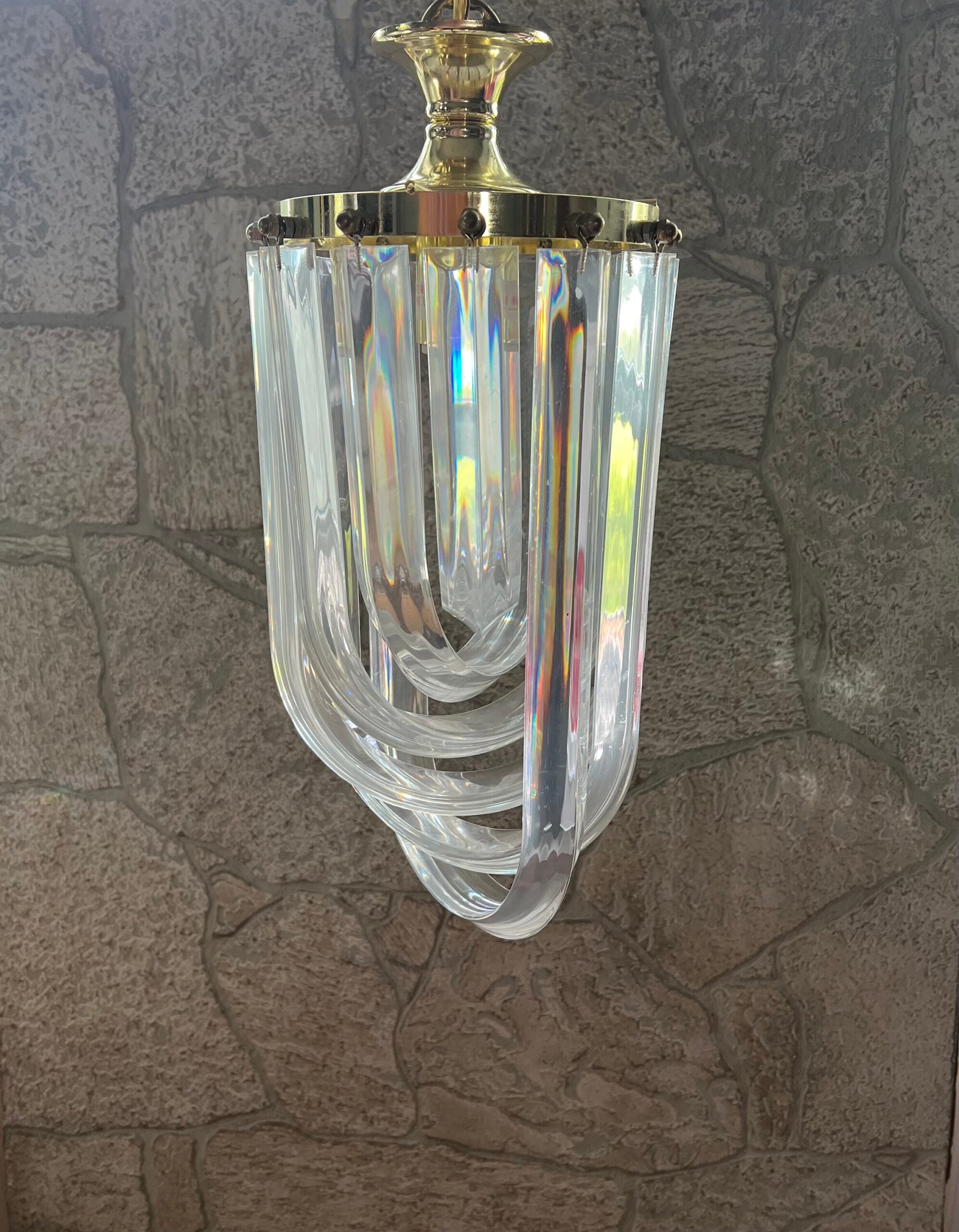 Lucite Ribbon and Brass Chandelier/ Hollywood Regency Lucite Light / Acrylic Art