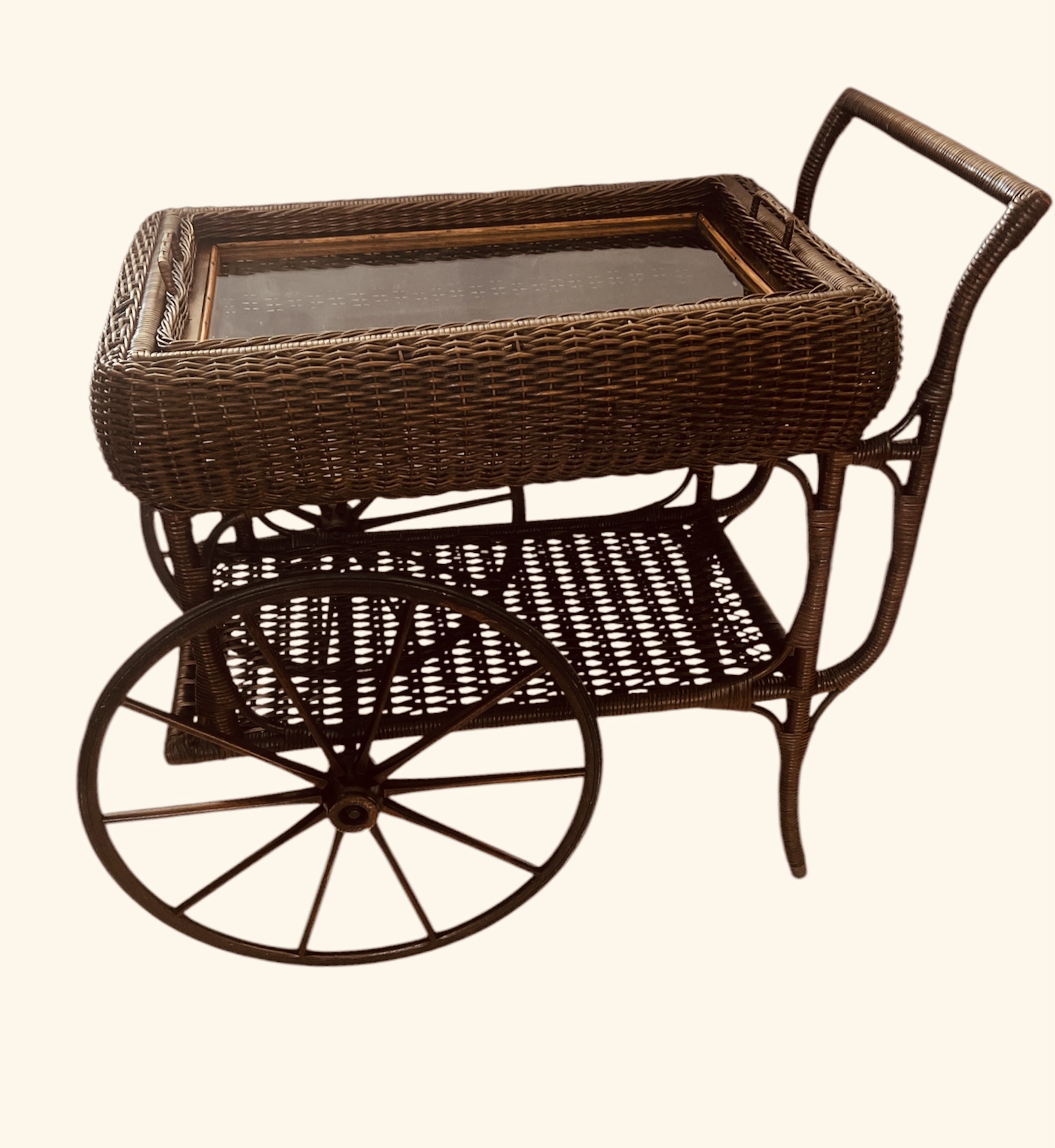 Vintage -Antique Wicker Tea Trolly/Bar Cart with Removable Glass Top Tray - Image 12