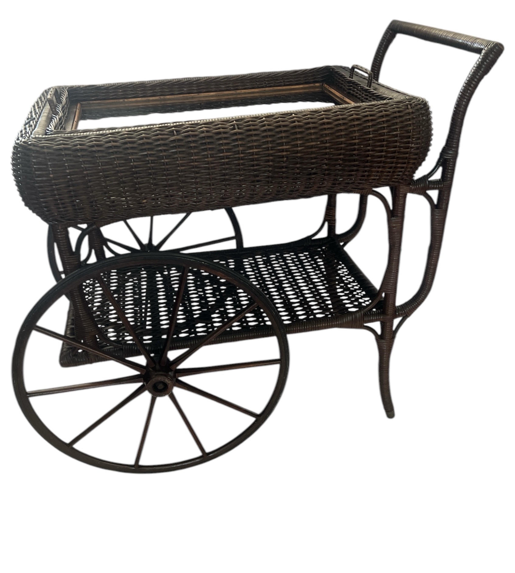 Vintage -Antique Wicker Tea Trolly/Bar Cart with Removable Glass Top Tray - Image 11