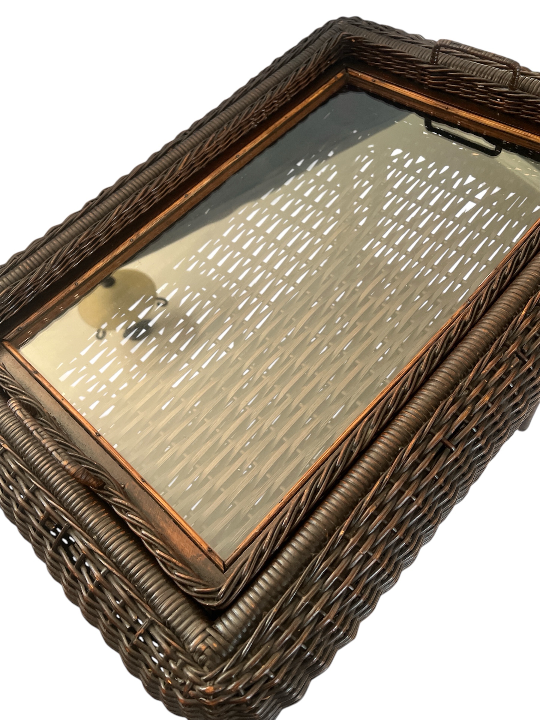 Vintage -Antique Wicker Tea Trolly/Bar Cart with Removable Glass Top Tray - Image 8