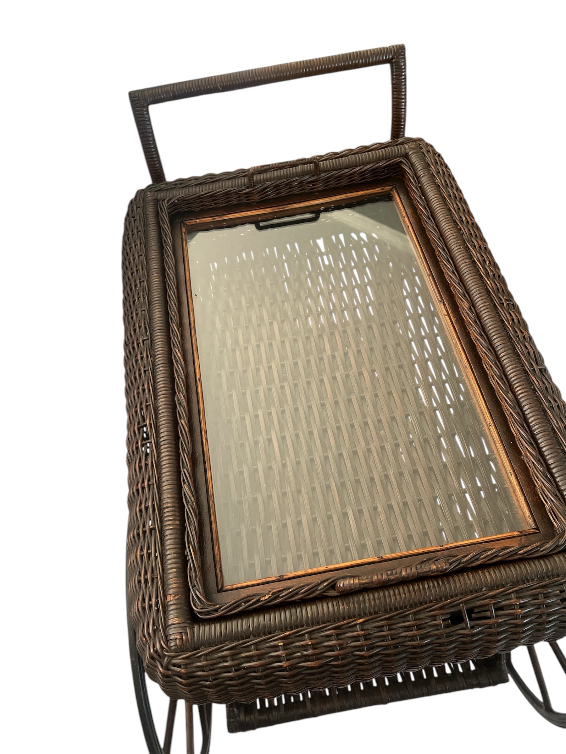 Vintage -Antique Wicker Tea Trolly/Bar Cart with Removable Glass Top Tray - Image 7