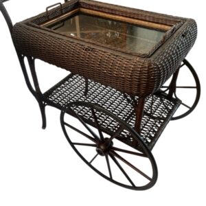 Vintage -Antique Wicker Tea Trolly/Bar Cart with Removable Glass Top Tray