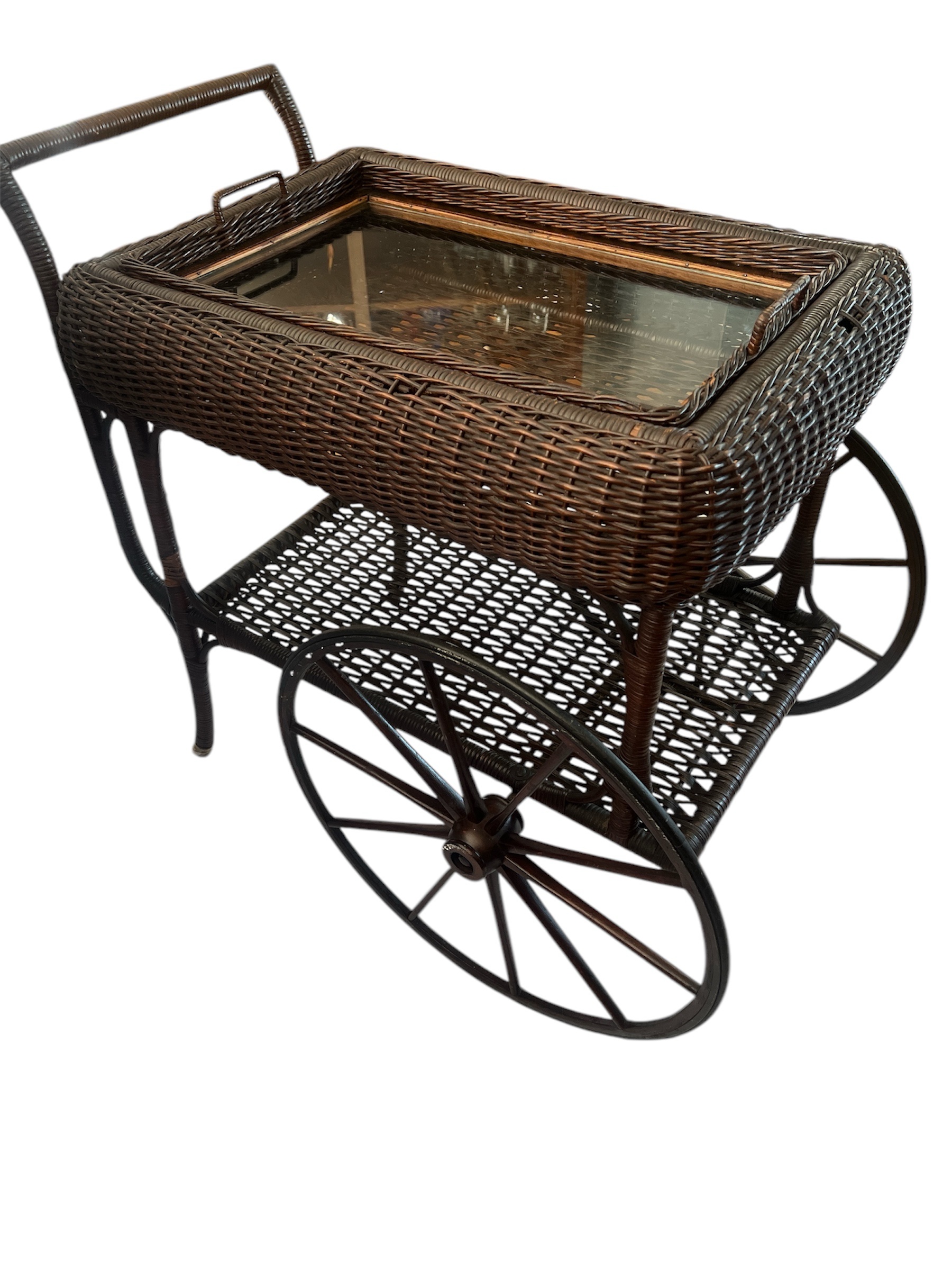 Vintage -Antique Wicker Tea Trolly/Bar Cart with Removable Glass Top Tray