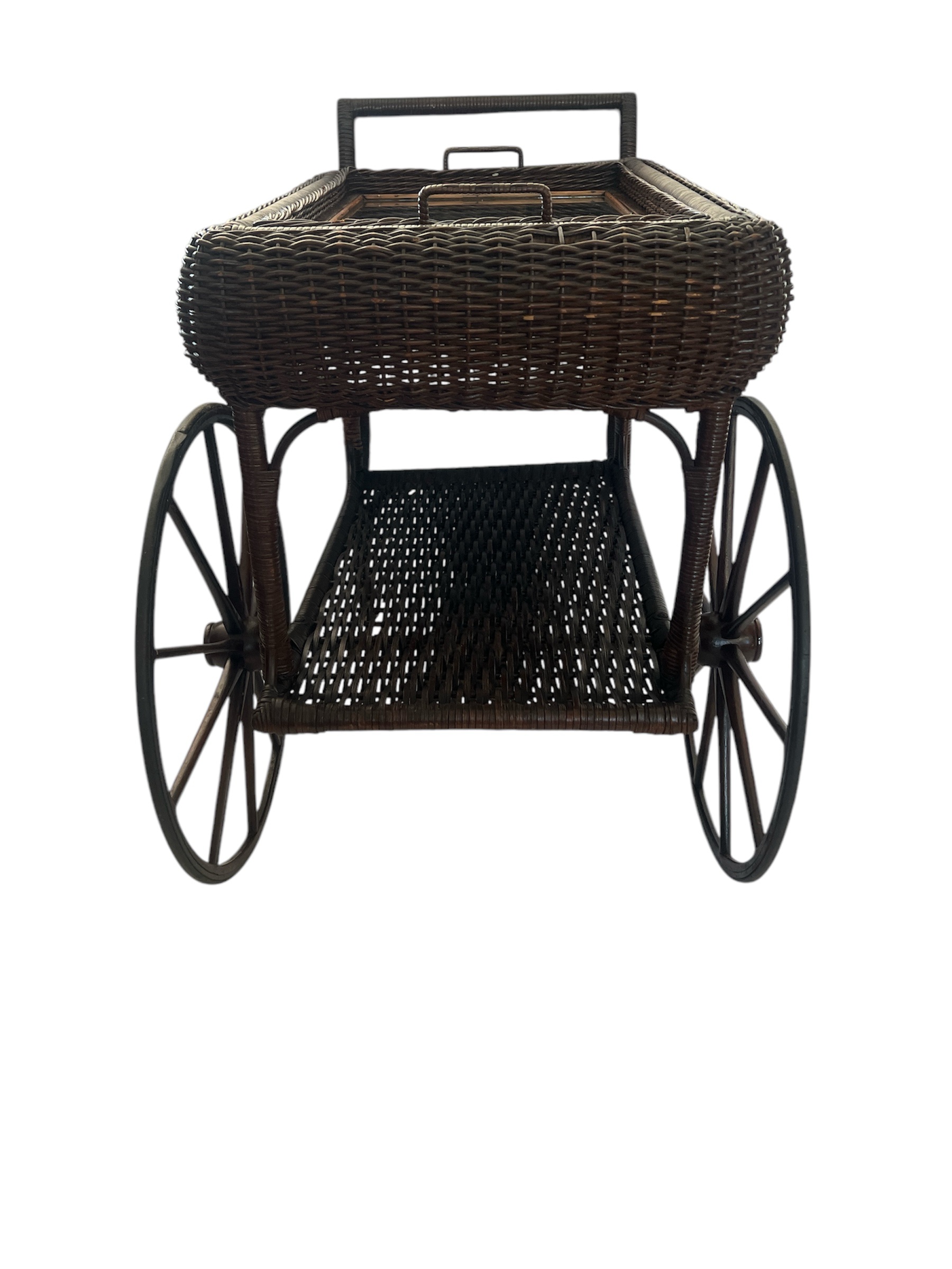 Vintage -Antique Wicker Tea Trolly/Bar Cart with Removable Glass Top Tray - Image 2