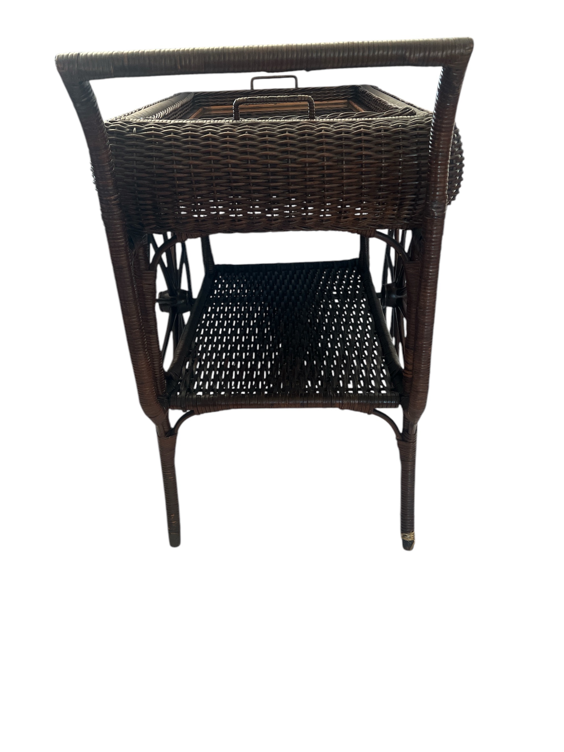 Vintage -Antique Wicker Tea Trolly/Bar Cart with Removable Glass Top Tray - Image 3