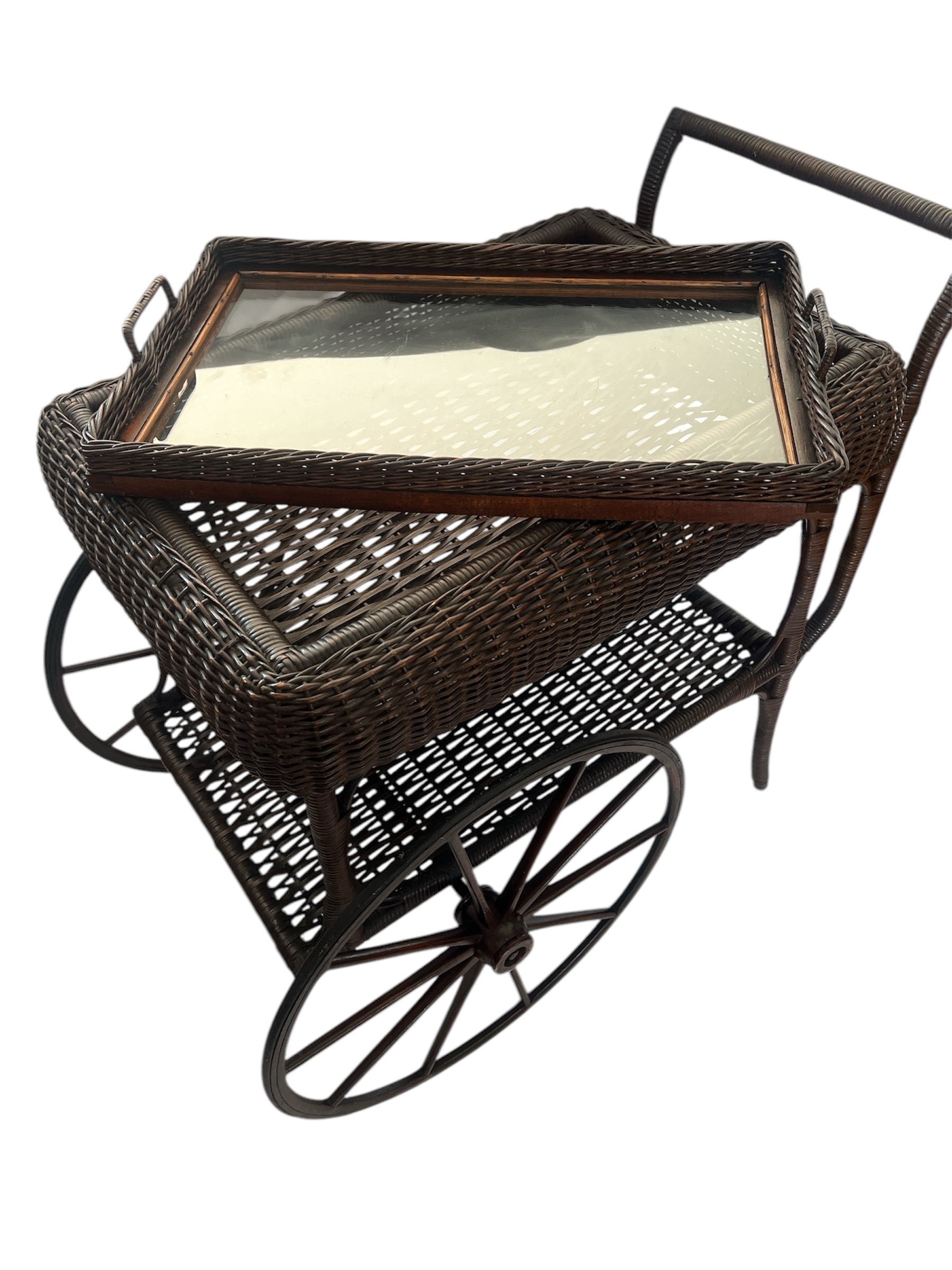 Vintage -Antique Wicker Tea Trolly/Bar Cart with Removable Glass Top Tray - Image 4
