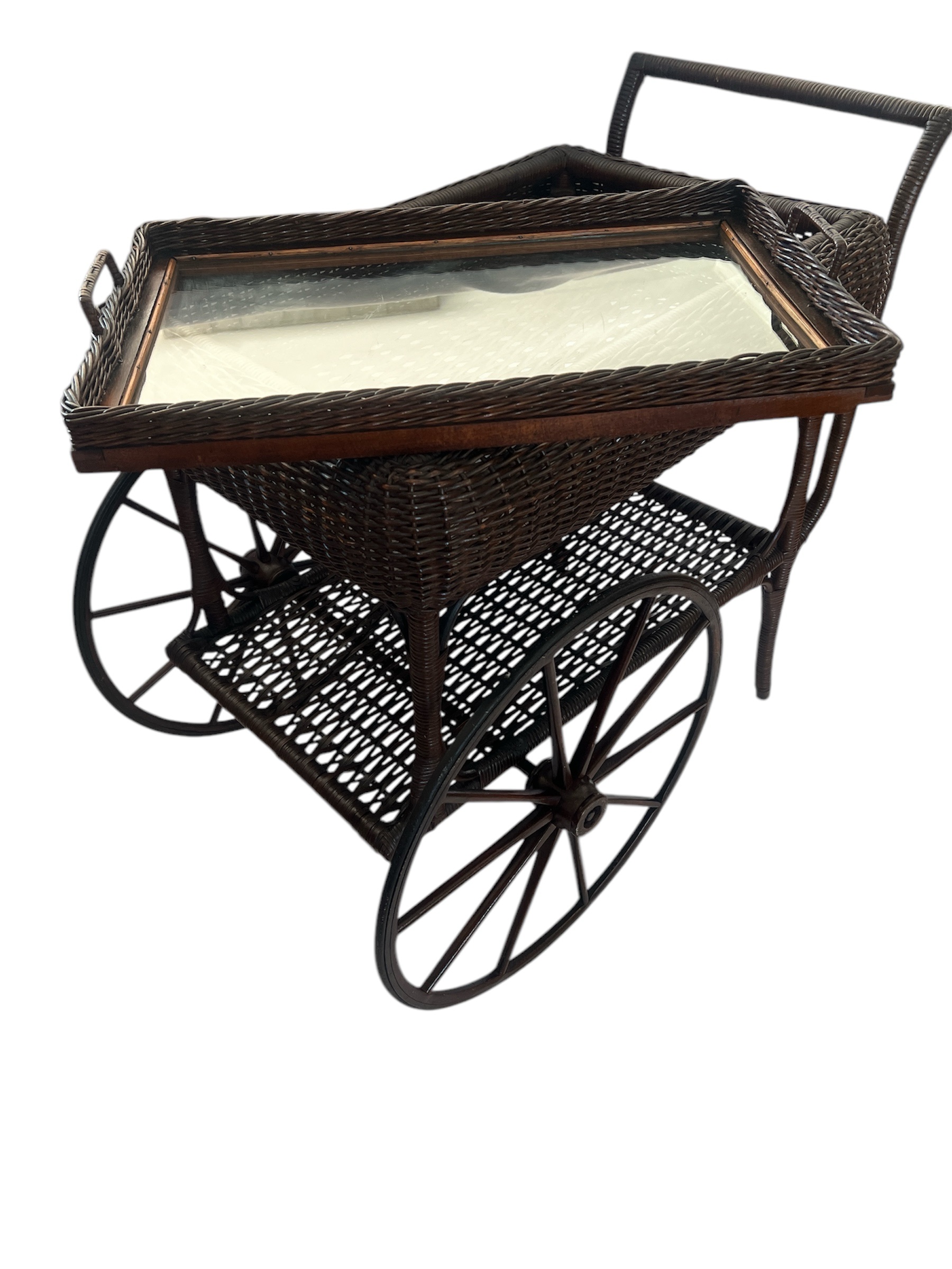 Vintage -Antique Wicker Tea Trolly/Bar Cart with Removable Glass Top Tray - Image 5