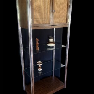 Vintage Mid-Century Modern Etagere with Rattan Cabinet & Glass Shelves / Chrome Frame Display Shelf / MCM Tall Shelf