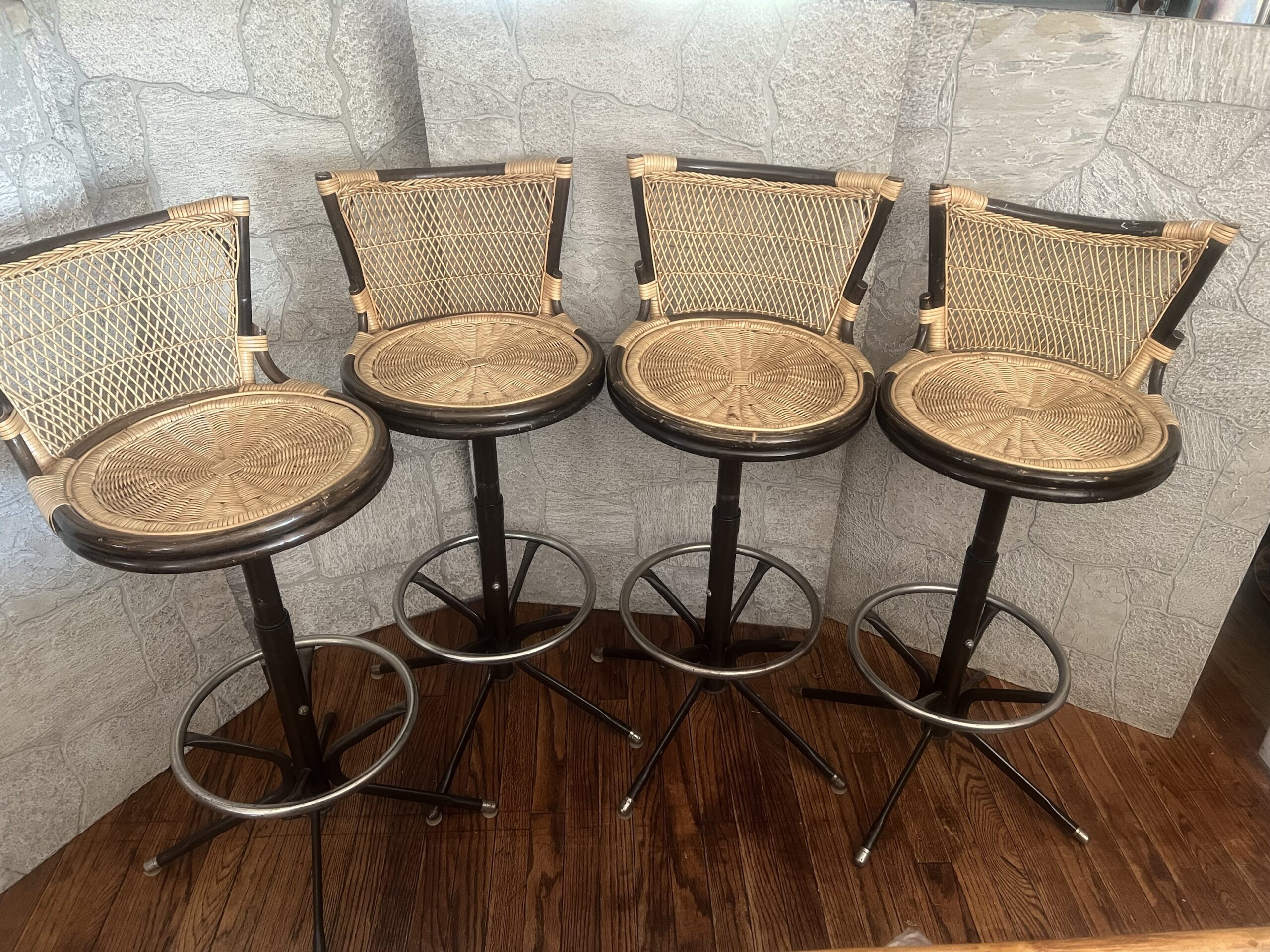 4 Vintage Rattan and Metal Barstools / Tiki Room Swivel Barstools Set of 4 - Image 2