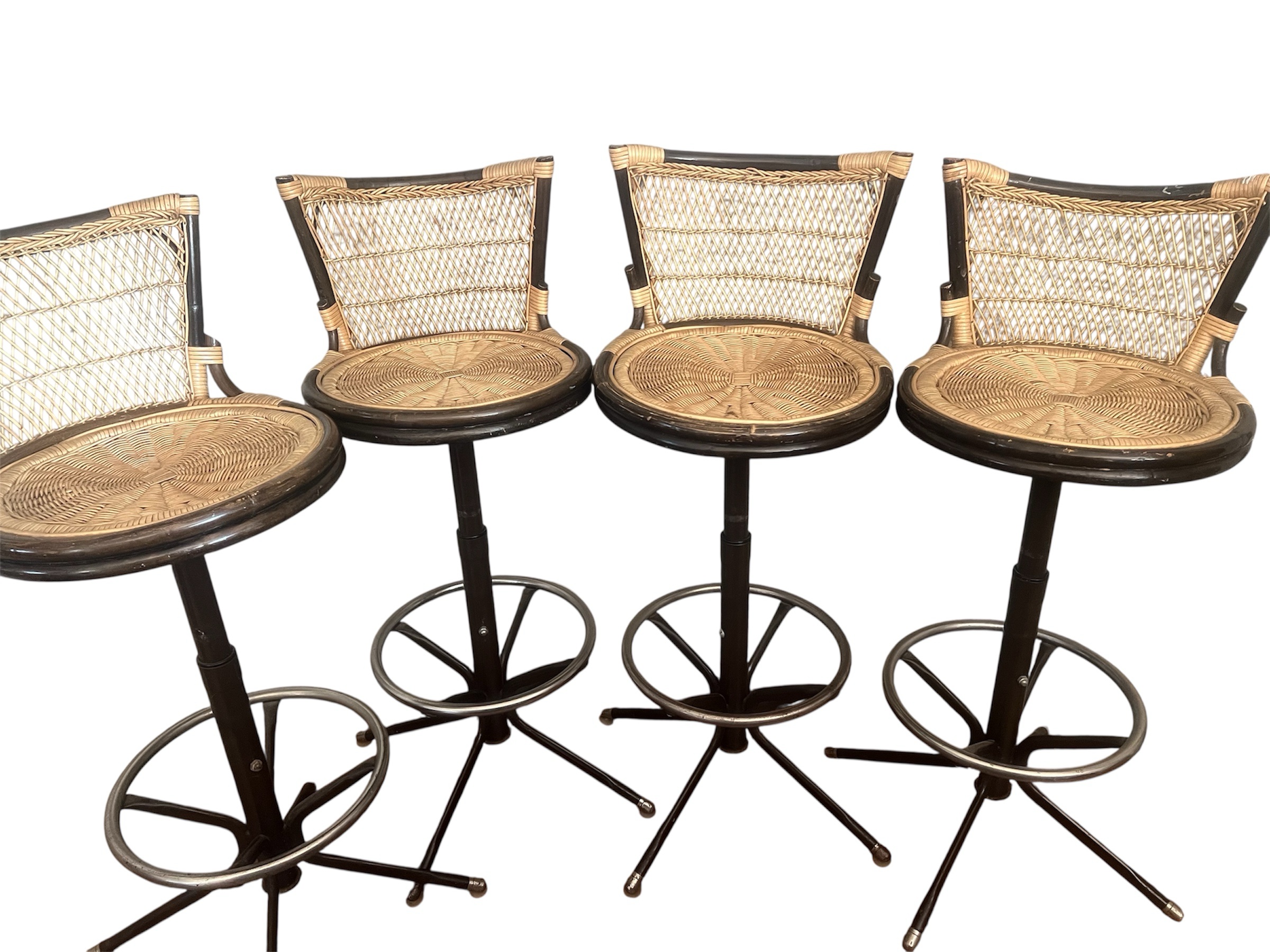 4 Vintage Rattan and Metal Barstools / Tiki Room Swivel Barstools Set of 4