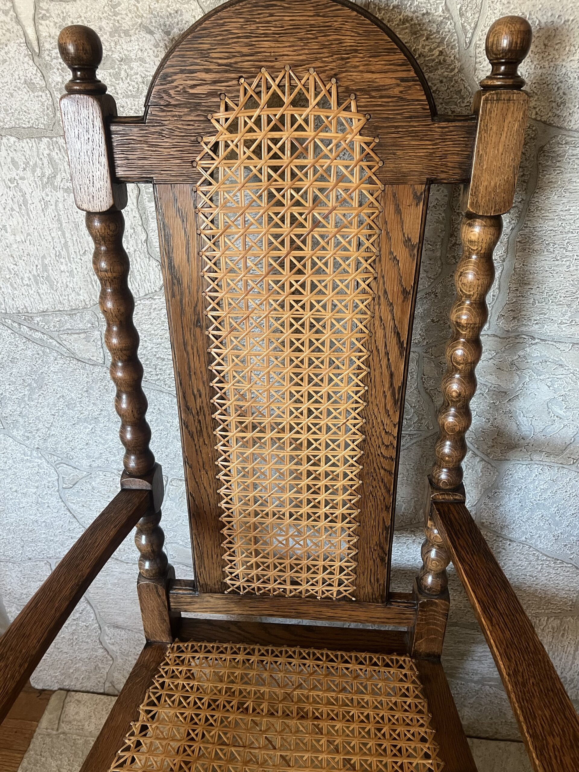 Antique Oak Barley Twist Armchair: Jacobean Revival Cane Chair - Image 4