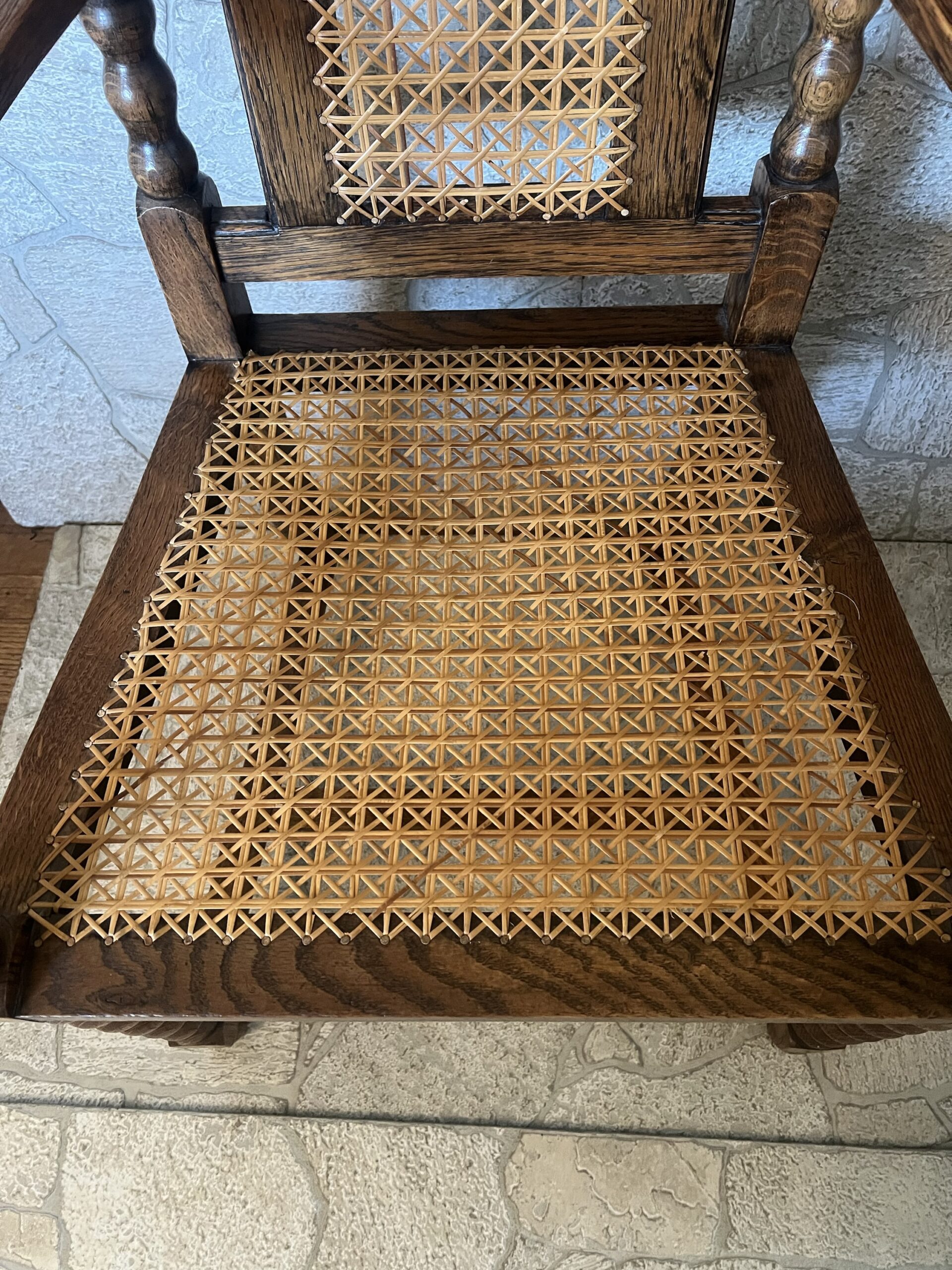 Antique Oak Barley Twist Armchair: Jacobean Revival Cane Chair - Image 5