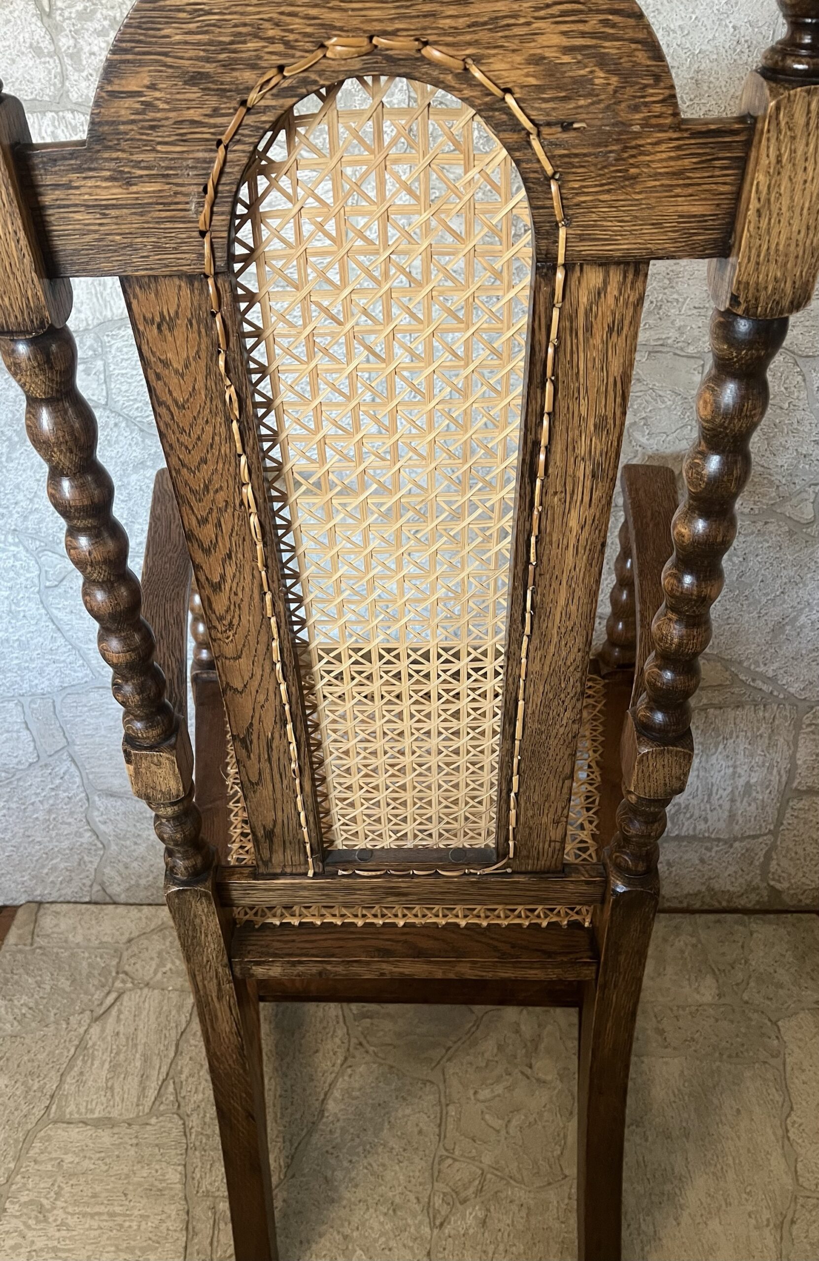 Antique Oak Barley Twist Armchair: Jacobean Revival Cane Chair - Image 8