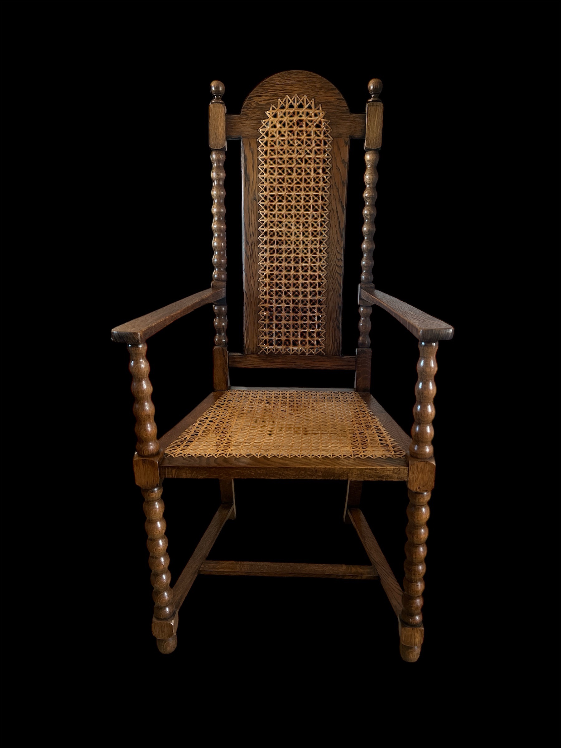 Antique Oak Barley Twist Armchair: Jacobean Revival Cane Chair - Image 2