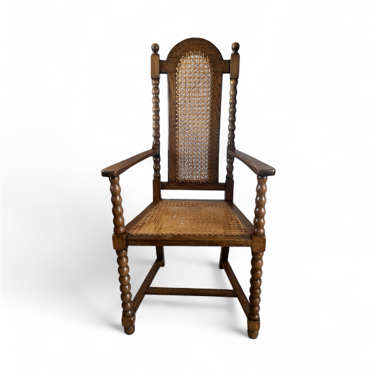 Antique Oak Barley Twist Armchair: Jacobean Revival Cane Chair
